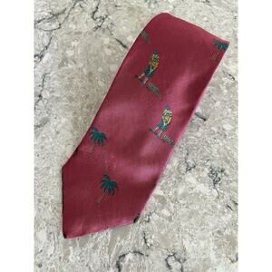 Vintage David Wood Golf Themed 100% Silk Neck Tie Pink Palm Trees & Golfer JL